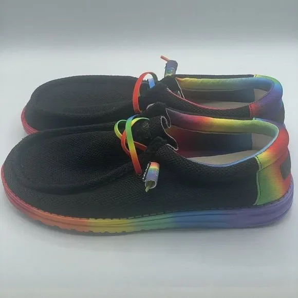 New Hey Dude Pride Rainbow Colorful Black Wally Stretch Deck Shoes Mens Size 11 - Picture 4 of 9